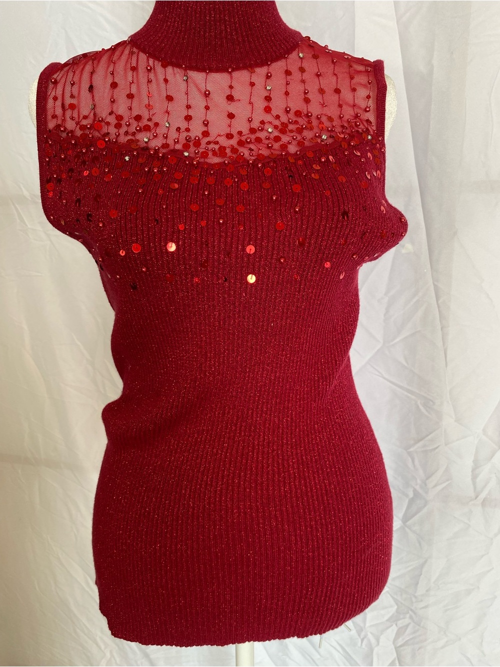 Lauren Michelle Red Sequin Mesh Yoke Sleeveless Tank